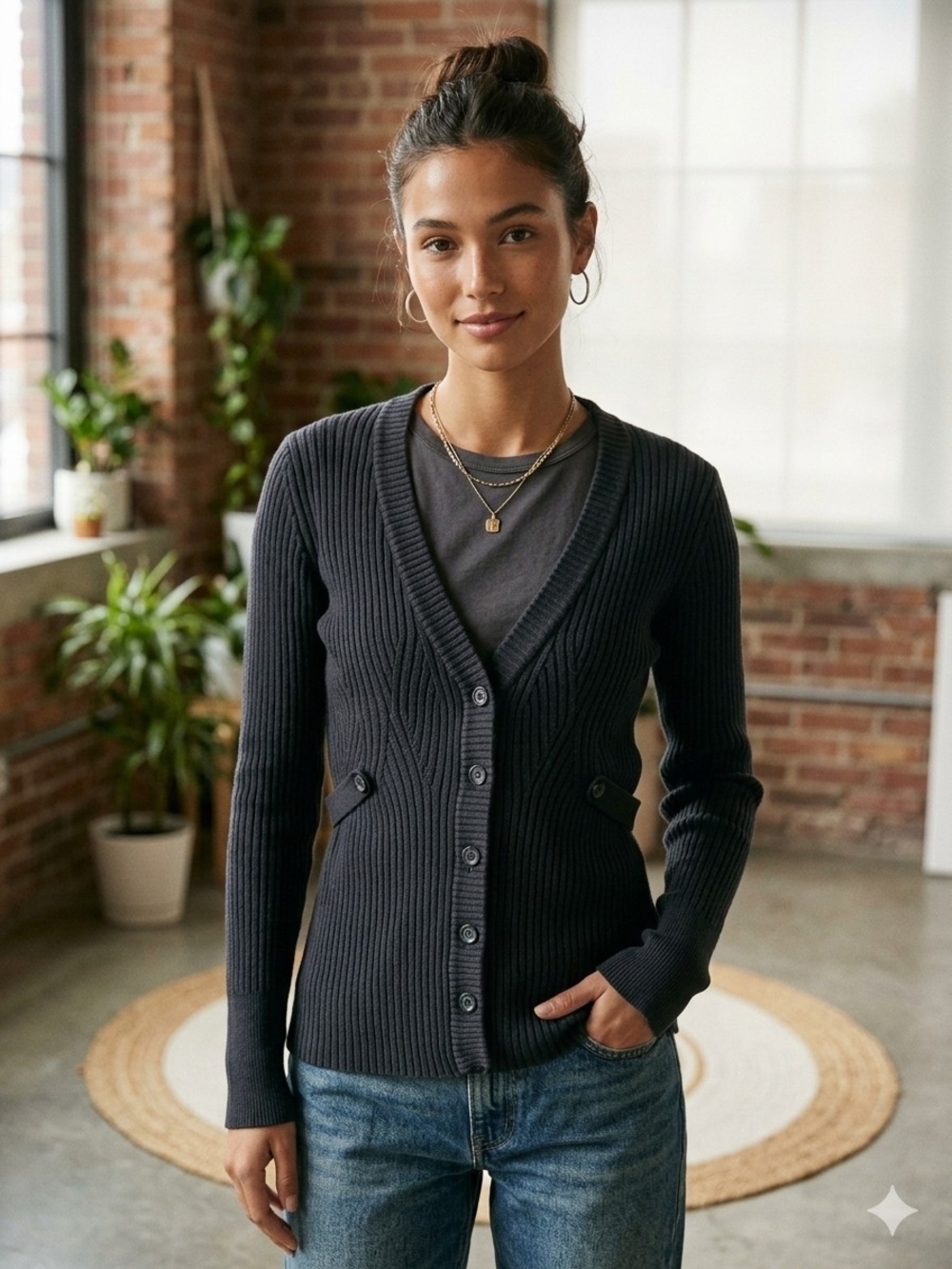 Calvin Klein Vintage Ribbed V-Neck Button Cardigan 90s Grunge Minimalist Chic S